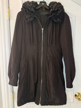 Elie Tahari Black Ruffle Collar Travel Coat w/ Hidden Zip Hood